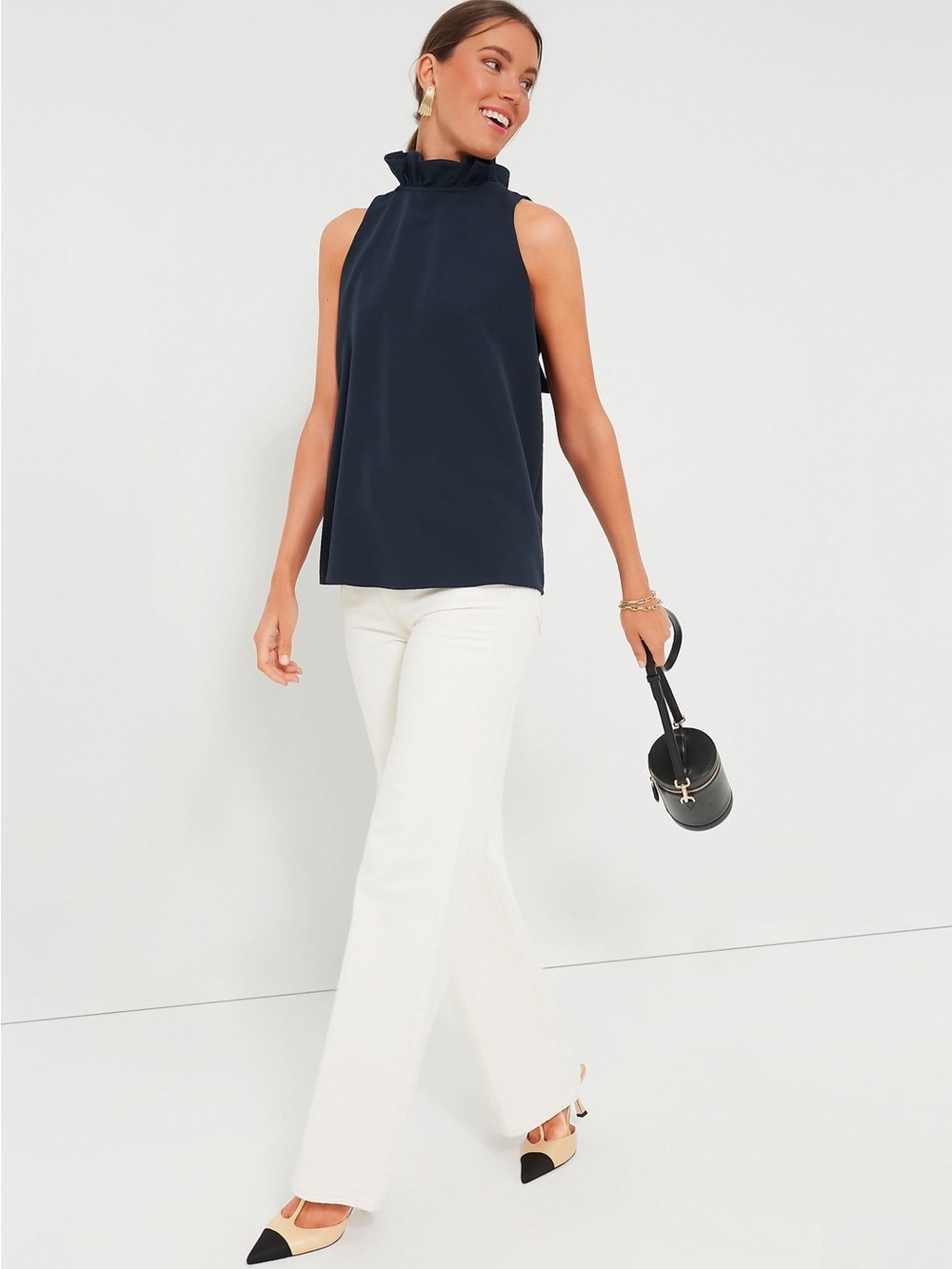 Tuckernuck Sleeveless Ruffle-Neck Top in Black, Medium